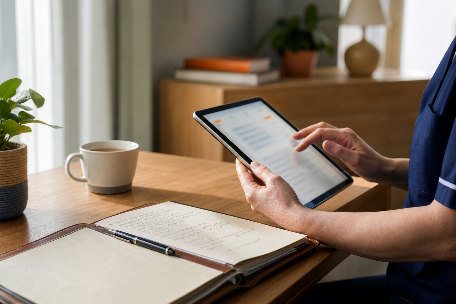 A warm digital-care workspace composition.