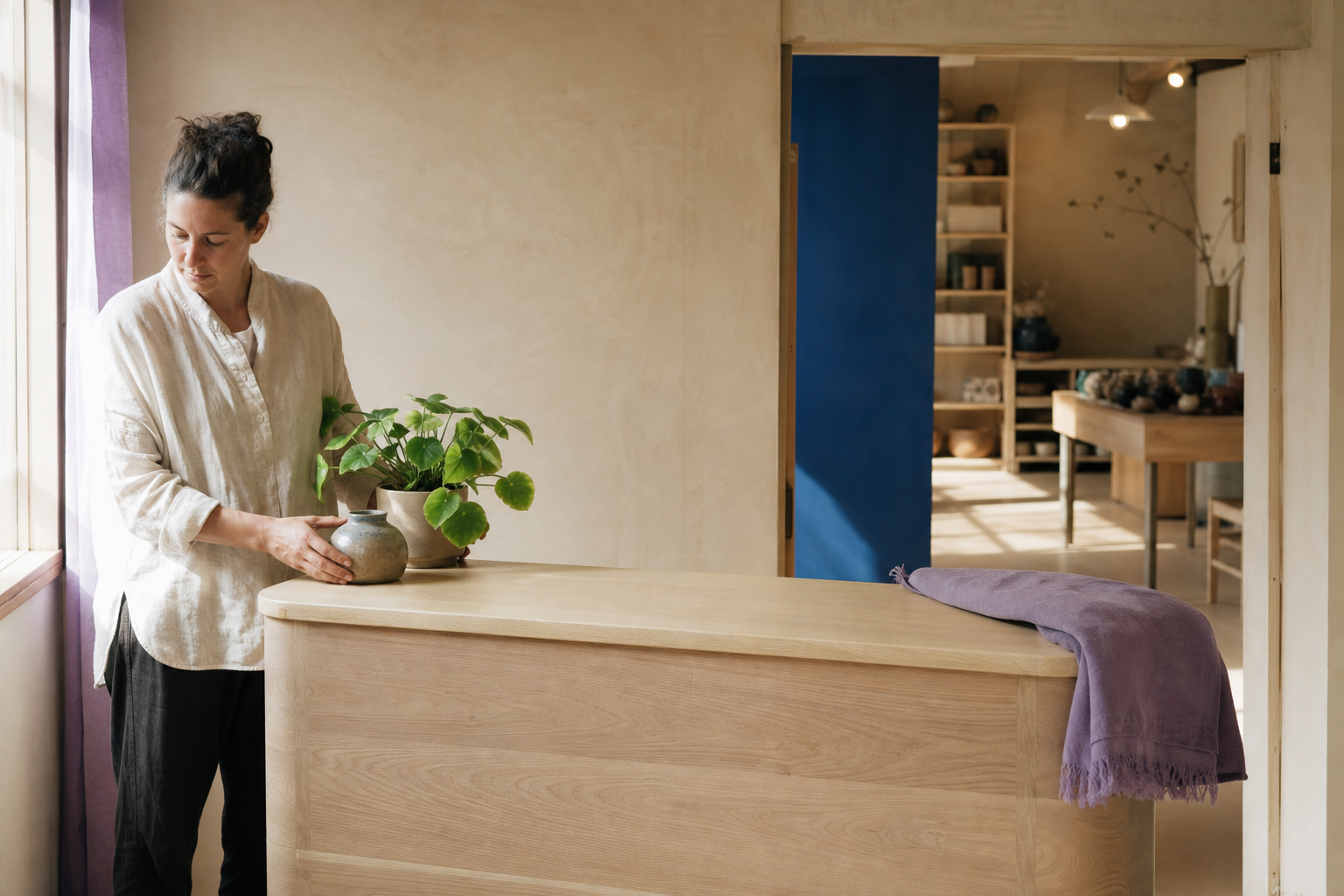 A person arranging a plant in a calm, warm workspace.