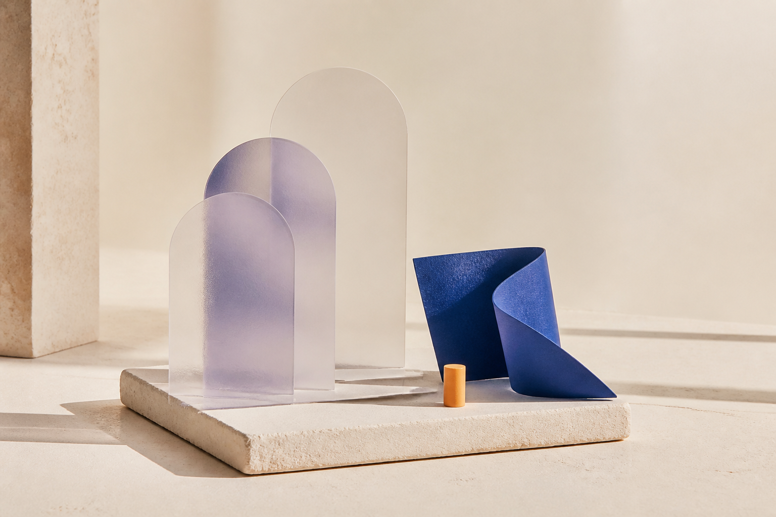 Soft translucent arches and blue sculptural forms on a plinth.